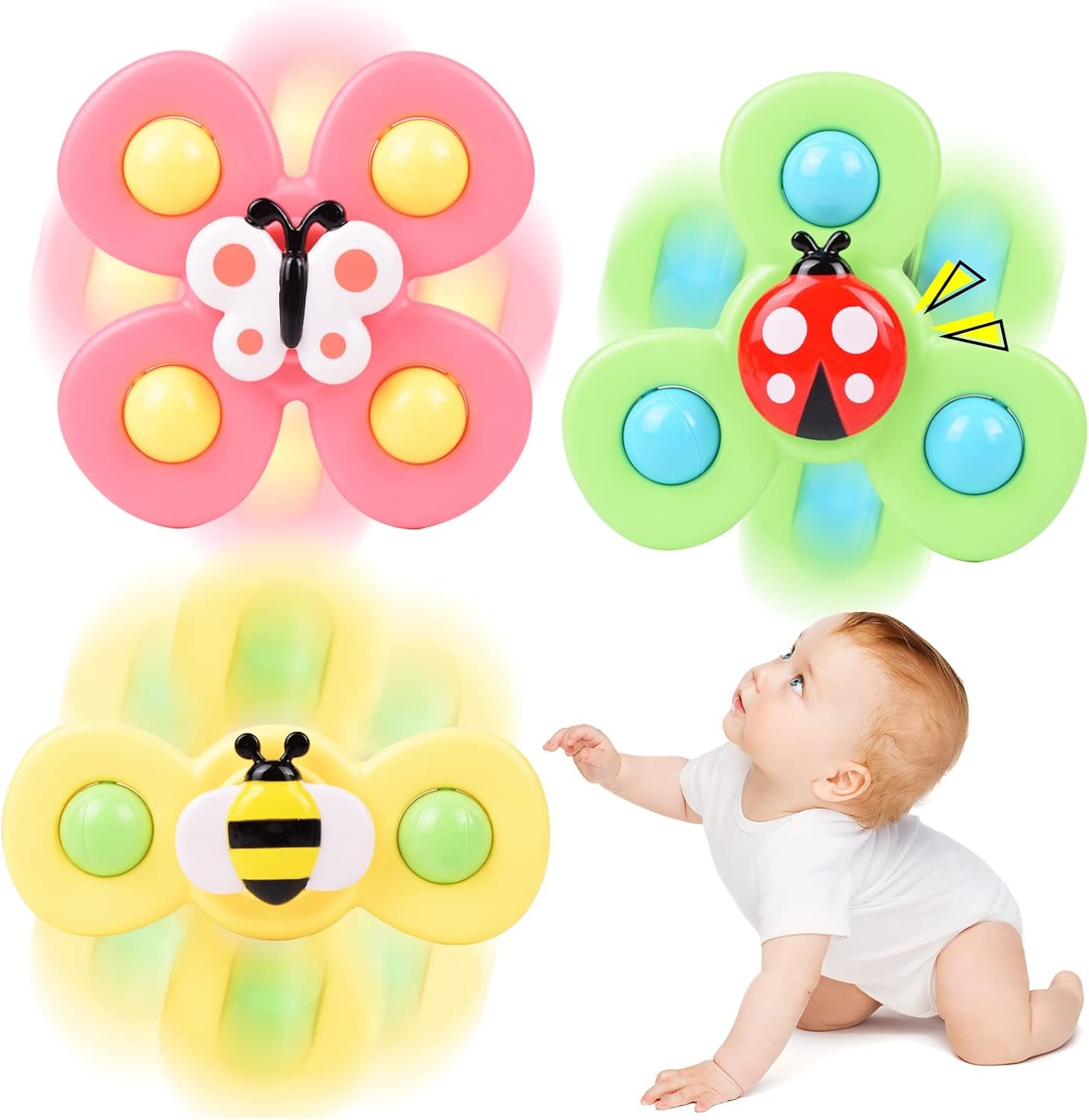Suction Cup Spinner Toy for Baby 1 2 Year Old, 3PCS Spinner Sensory Toys for Toddlers 1 3, Cartoon Baby Fidget Spinners Toys 12 Months Kids, High Chair/Dining Table/Window/Travelling (Colorful)