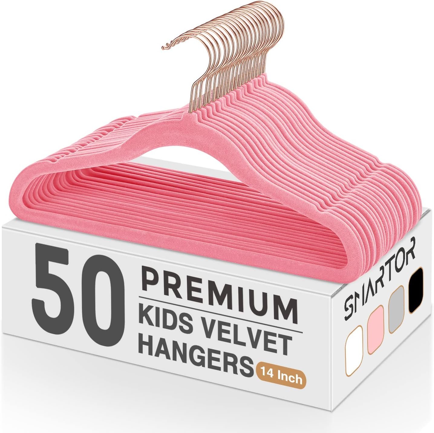 Smartor Kids Velvet Hangers 50 Pack, 14 Inch Premium Non Slip Kids Felt Hangers for Closet, Space Saving Toddler Clothes Hanger for Youth’s Childrens’ Clothes (Rose Gold Hook)- Pink