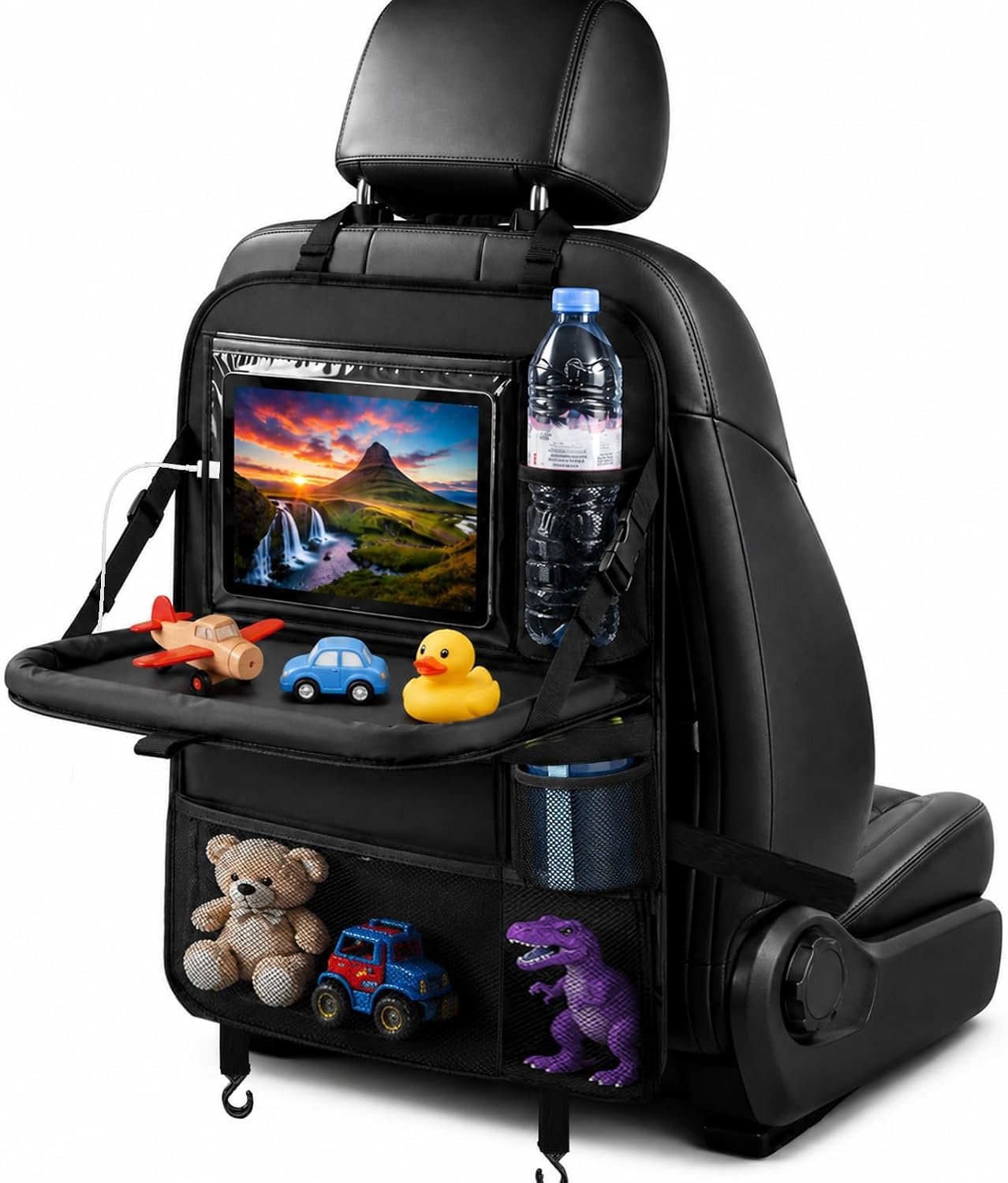 Backseat Car Organizer with Tray Table,Dual 11″ Tablet Holder-1 Pack