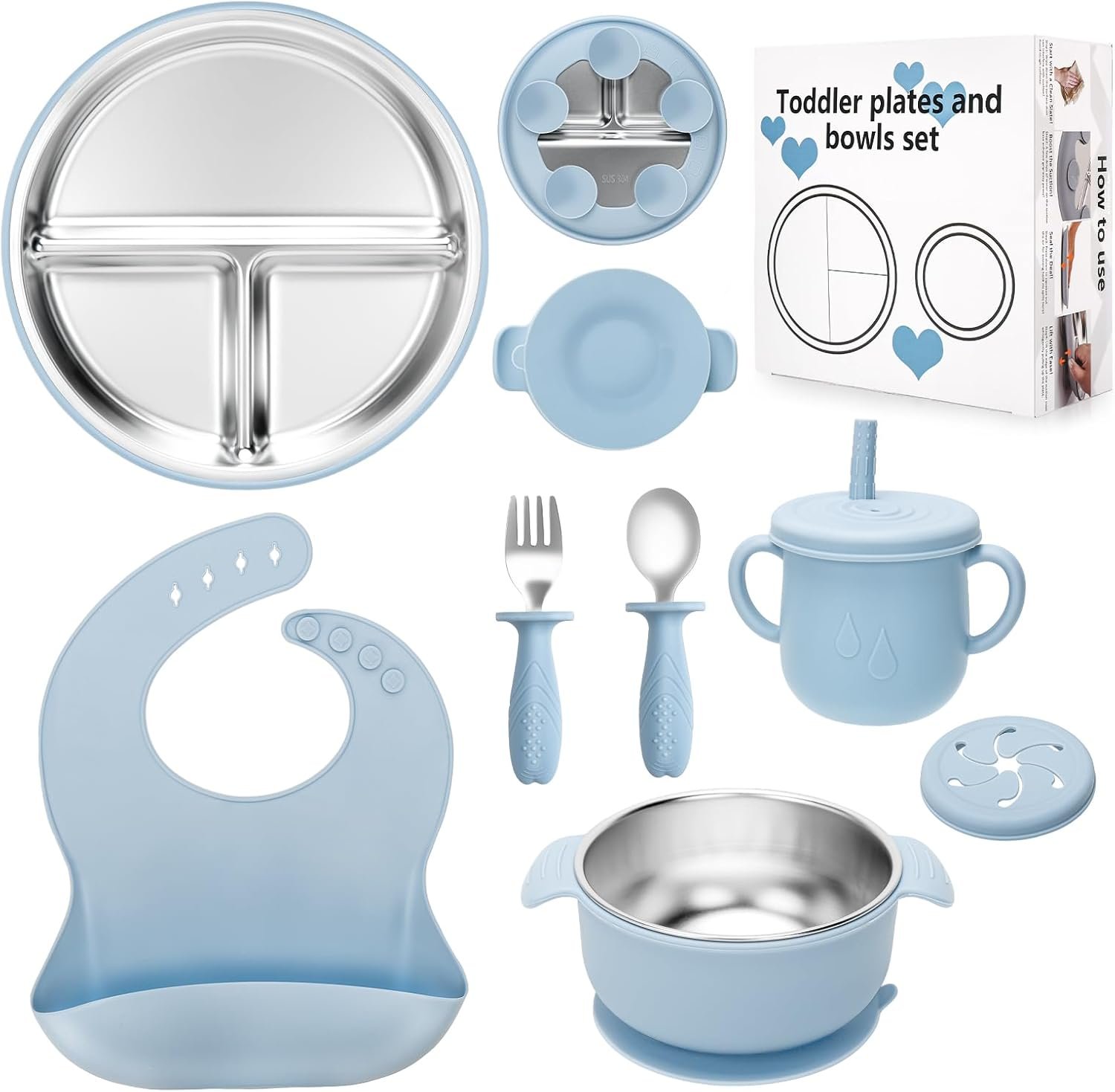 MISSLILI Stainless Steel Kids Plates and Bowls Set with Suction – (Blue)