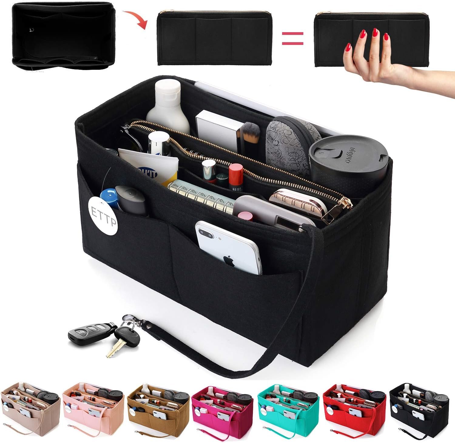 Purse Organizer Insert, Felt Tote Organizer Insert With Metal Zipper, Handbag Organizer For Speedy, Neverfull, Tote, Handbag, 7 Colors 5 Sizes