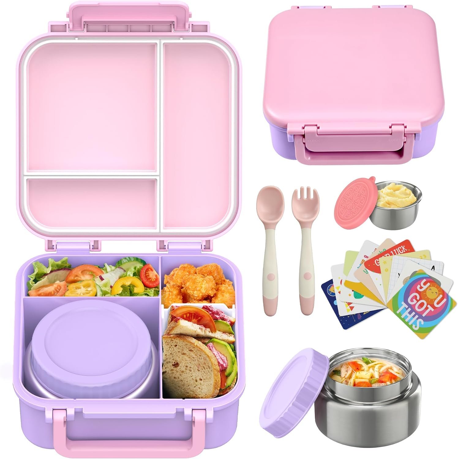 Kids Bento Lunch Box with 9oz Soup Thermo Leakproof Lunch Food Containers 4 Compartment with Insulated Hot Food Jar for Kid Toddler Girls Boys to School Trvael