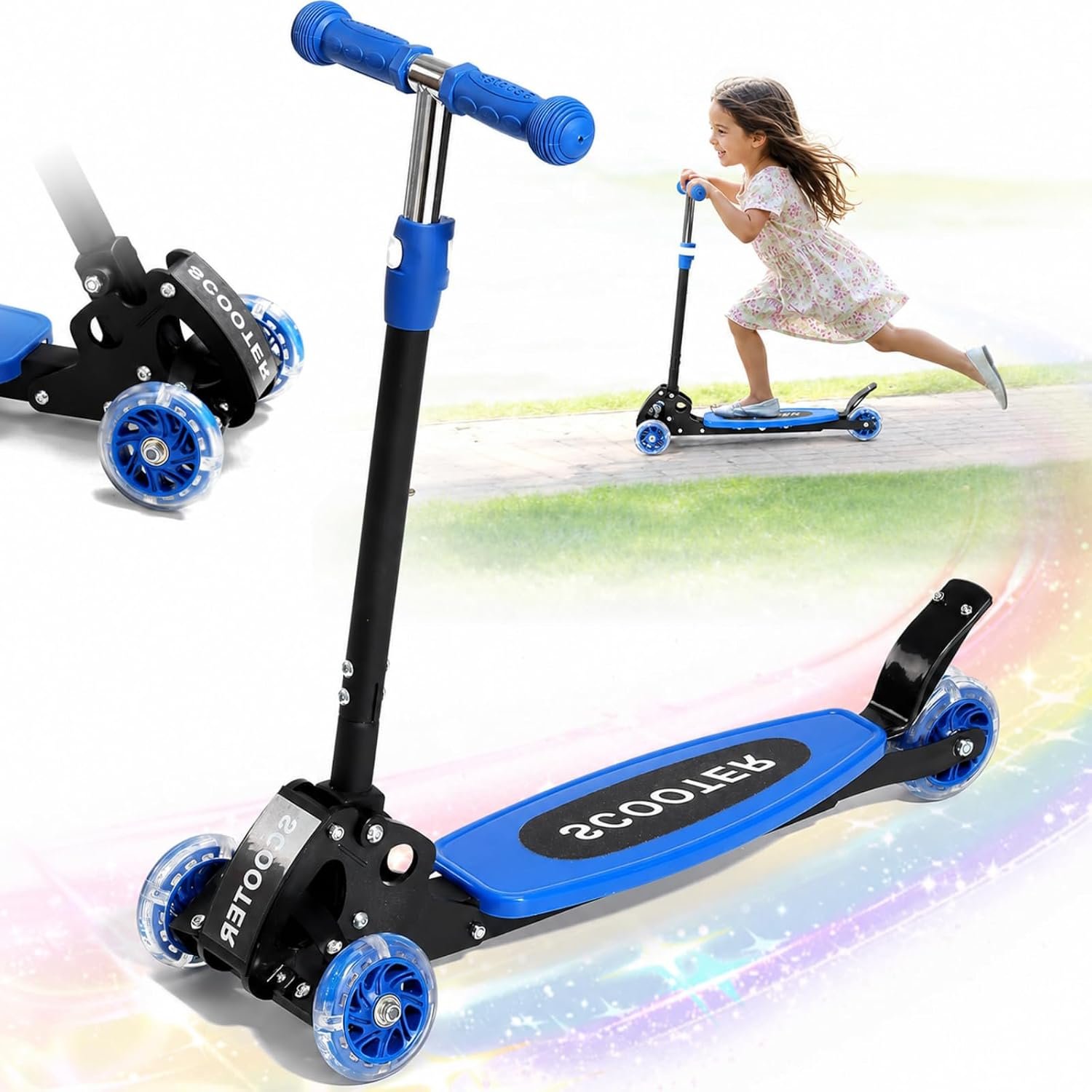 3 Wheel Kids Kick Scooter for Ages 3-12, Lean-to-Steer, Light-Up Wheels, 3-Level Adjustable Handlebar 27.5”-33”, Wide Non-Slip Deck, Dual Rear Brake,Travel Foldable, for Boys & Girls Toy Gifts