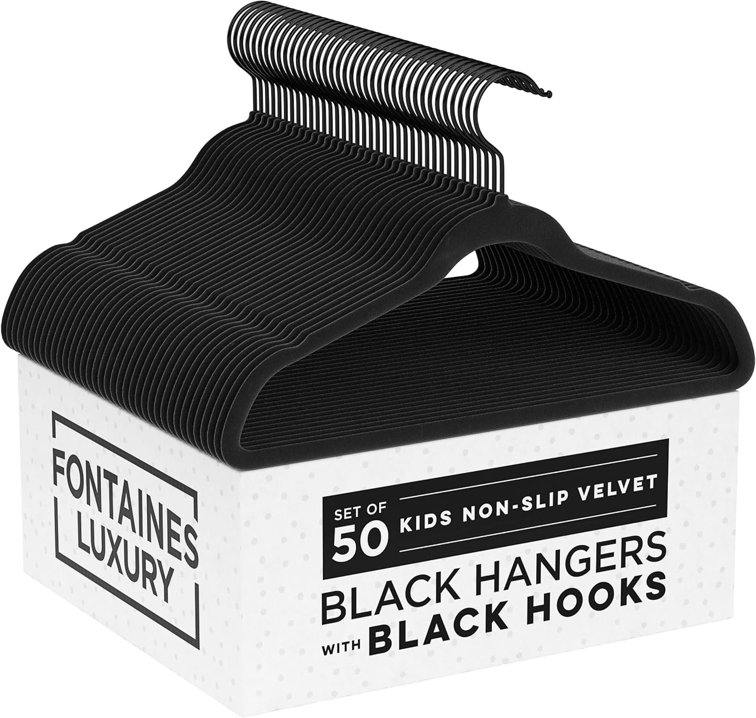 Fontaines Luxury Kid’s Black Velvet Felt Non Slip Clothes Hangers 50 Pack – Ultra Slim & Space Saving – Heavy Duty Swivel Black Hook for Children’s Clothing, Shirt, Dress, Skirt & Pants Organization