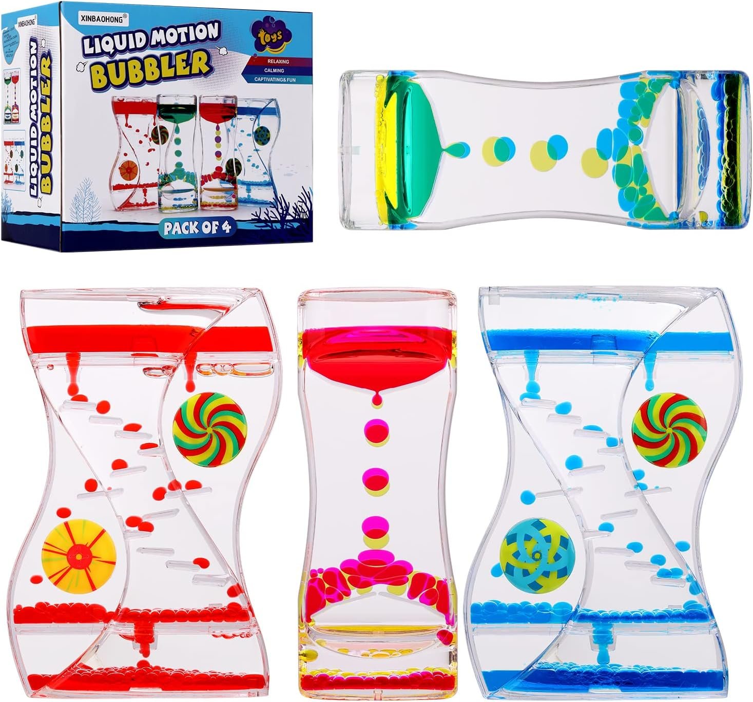 XINBAOHONG Liquid Motion Bubbler Sensory Toy for Kids and Adults 4-Pack，Calming Stress Relief Fidget Toys for ADHD Autism, Office Desk Decor