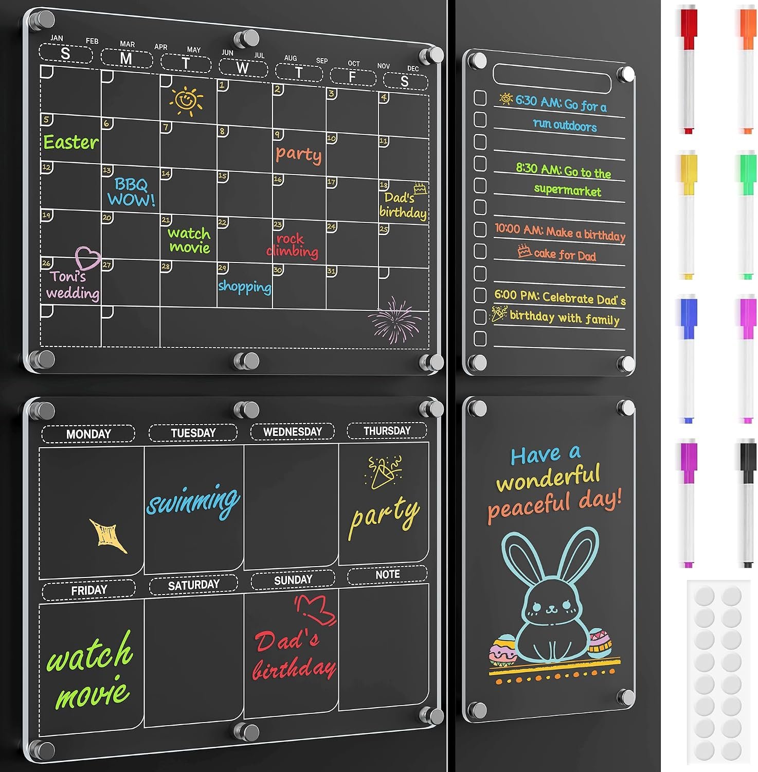 4 Pack Magnetic Calendar for Refrigerator, Clear Acrylic Calendar for Fridge with 8 Colorful Markers, Fridge Magnet Easy Erase for Home Kitchen, Office Organization