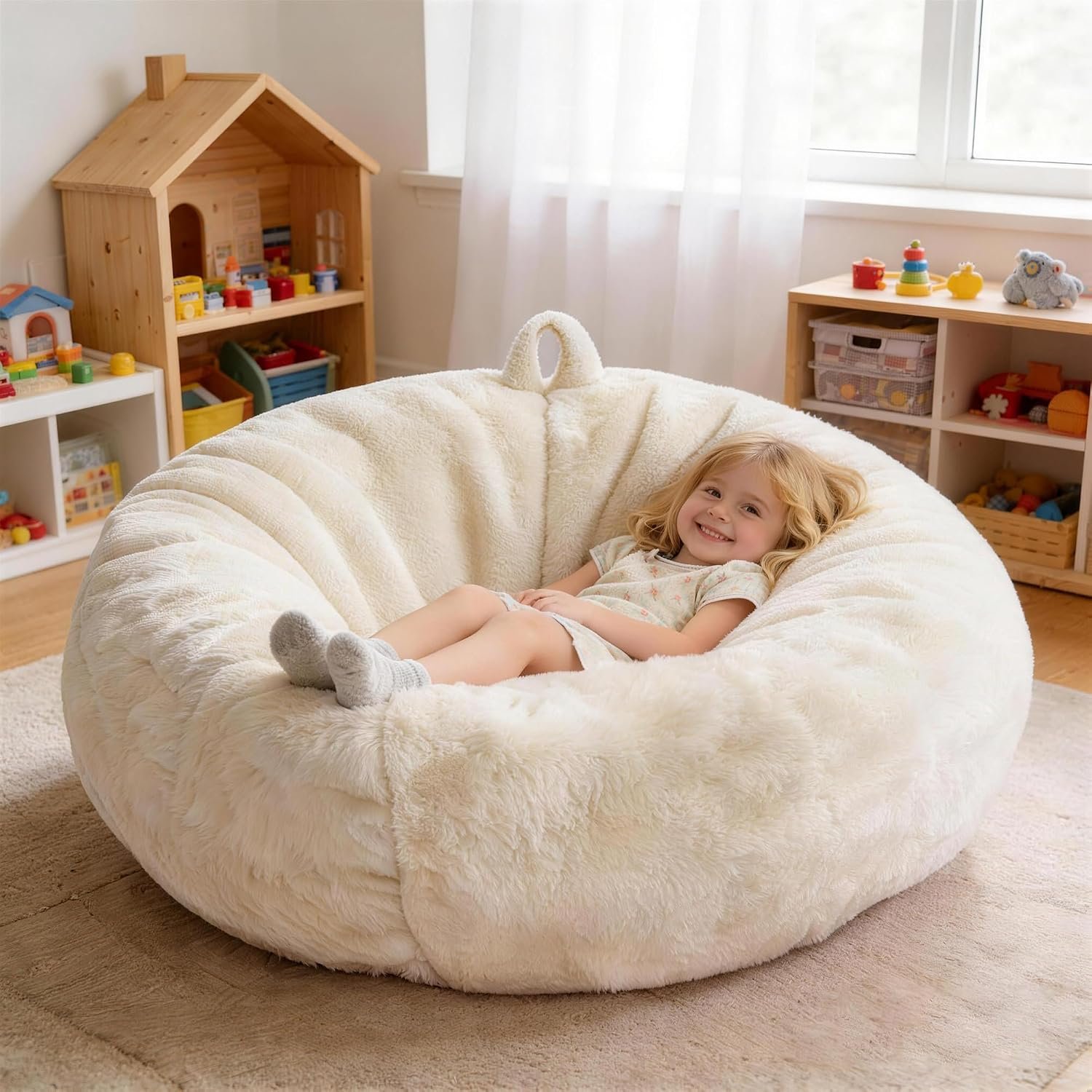 Faux Fur Bean Bag Cover (No Filler)Stuffed Animal Storage Adults Kids Beige