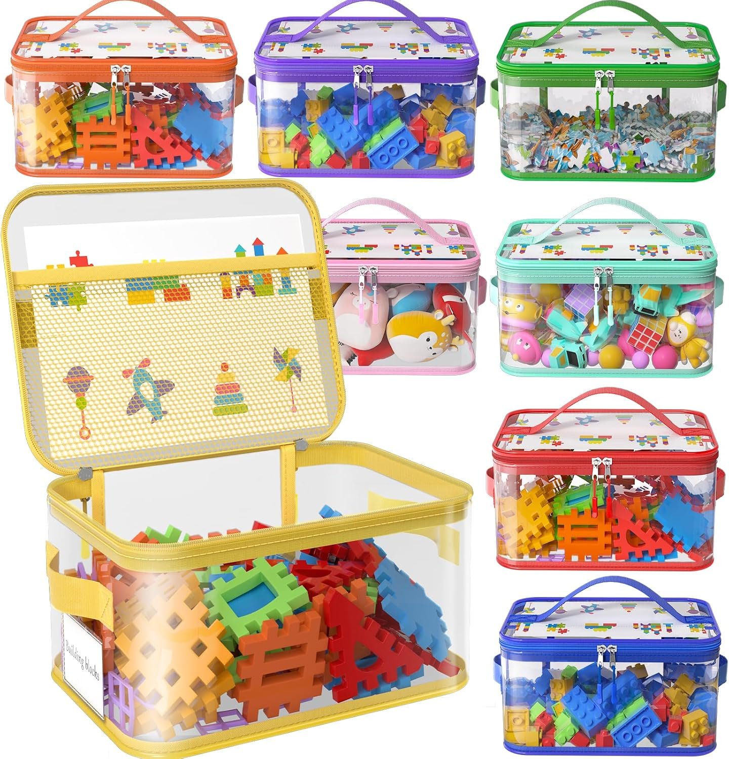 8 Pack Large Clear Toy Storage Bags with Labels, Handles, Zippers XL