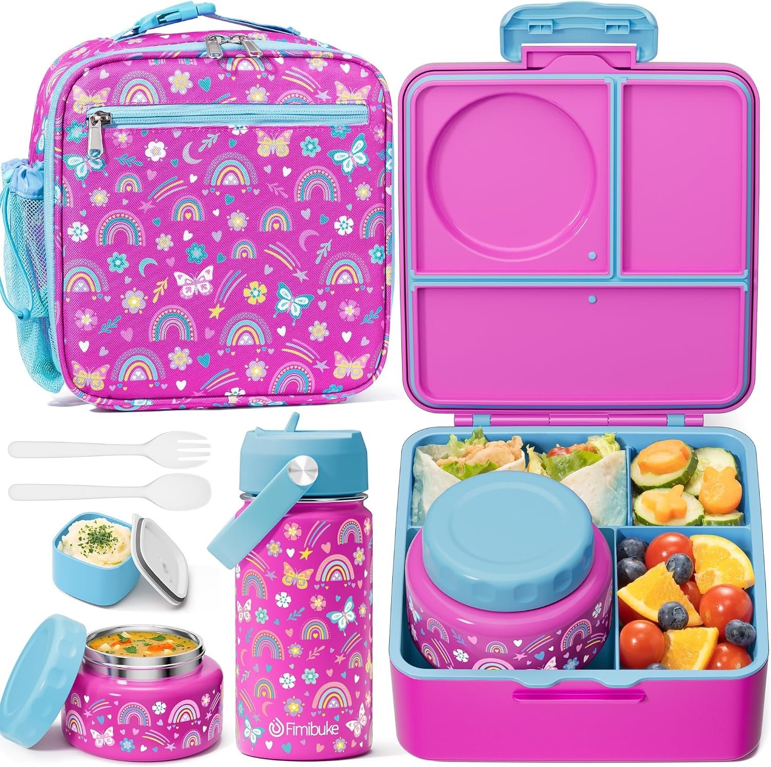 Fimibuke Kids Bento Lunch Box with Thermo, Lunch Bag, Kids Water Bottle