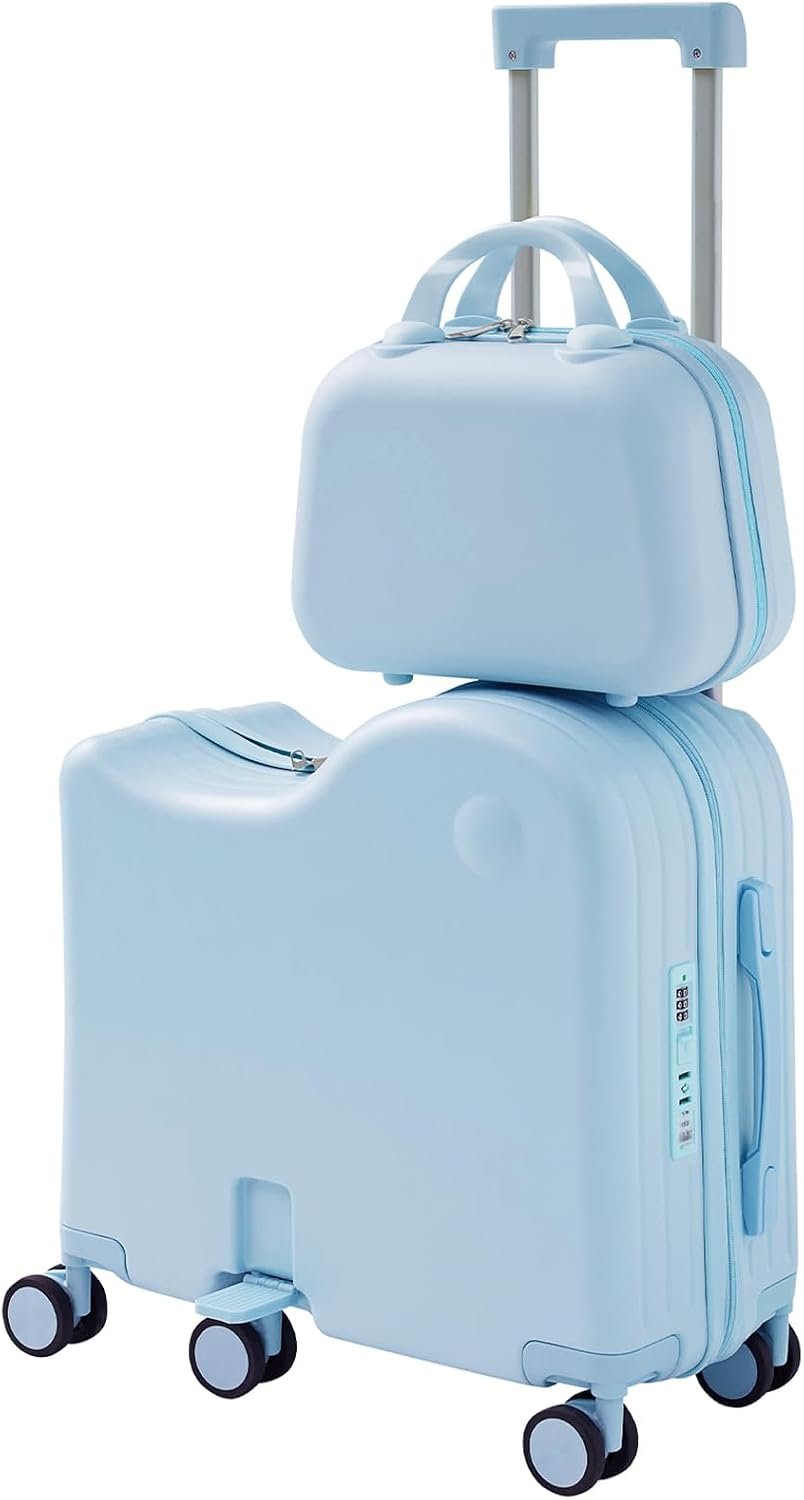 TABU Ride On Luggage Set with Bag, Carry On Suitcase for Kids, Blue