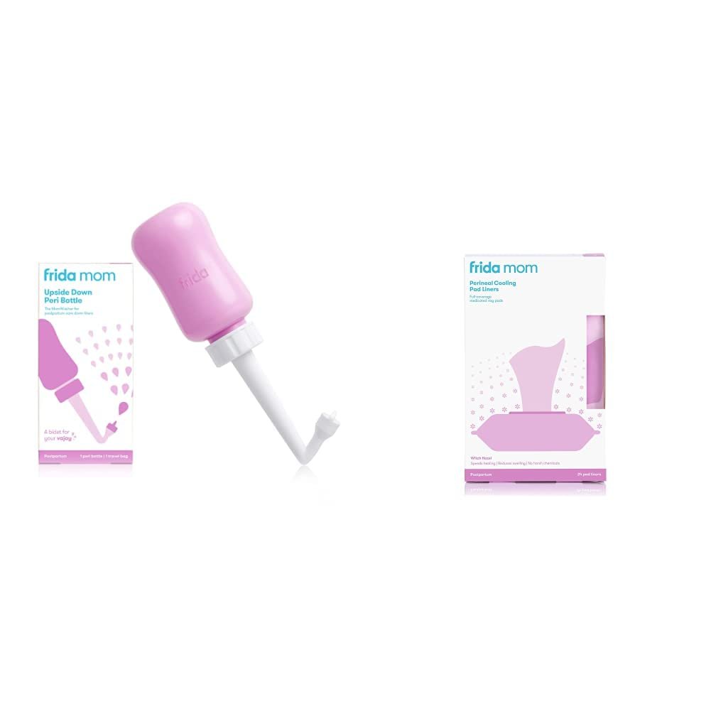 Bundle of Frida Mom Witch Hazel Perineal Cooling Pad Liners (24ct) + Frida Mom Upside Down Peri Bottle for Postpartum Care