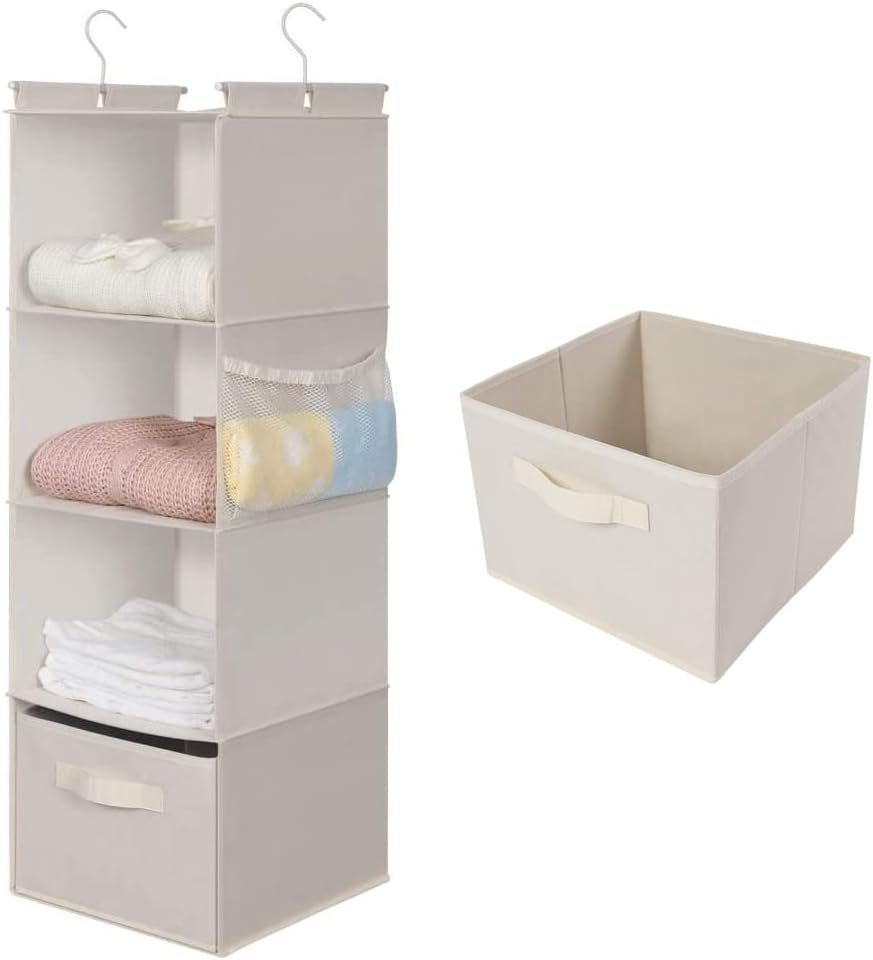 MAX Houser 4-Shelf Hanging Closet Organizer, Space Saver, Cloth Hanging Shelves with 2 Side Pockets, Foldable (Beige)