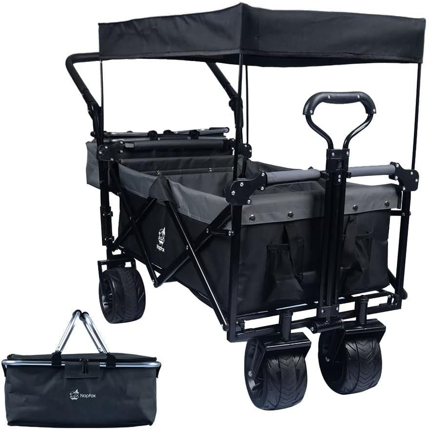 Collapsible Folding Wagon Cart with Removable Canopy, Heavy Duty 250lbs Utility Cart, 4″ All-Terrain Wheels with Brakes, Adjustable Push-Pull Handles & Cooler Bag for Beach, Camping, Garden, Sports