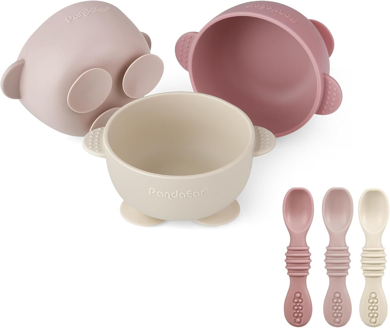 PandaEar 3 Pack Silicone Suction Baby Bowls & 3 Baby Feeding Spoons