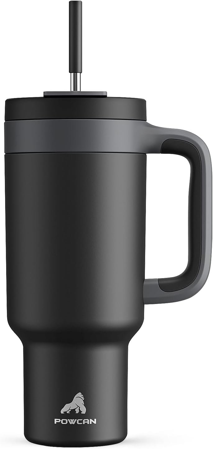 POWCAN 40 oz Tumbler with Handle, 2-in-1 Straw and Sip Lid, Leakproof, Dishwasher Safe, Insulated Stainless Steel Travel Coffee Mug, Keeps Cold for 34 Hours, Fits in Car Cup Holder (Midnight)