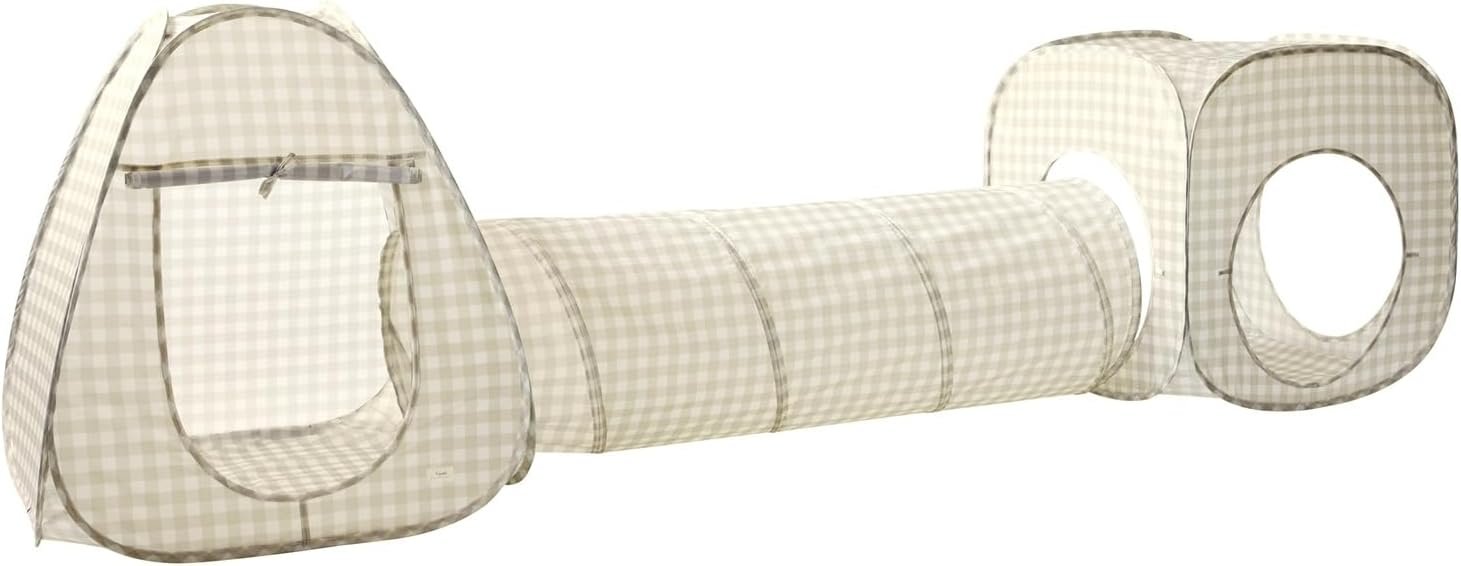 3 Sprouts Play Tent and Tunnel Set, 3-in-1 Pop Up, Gingham Beige