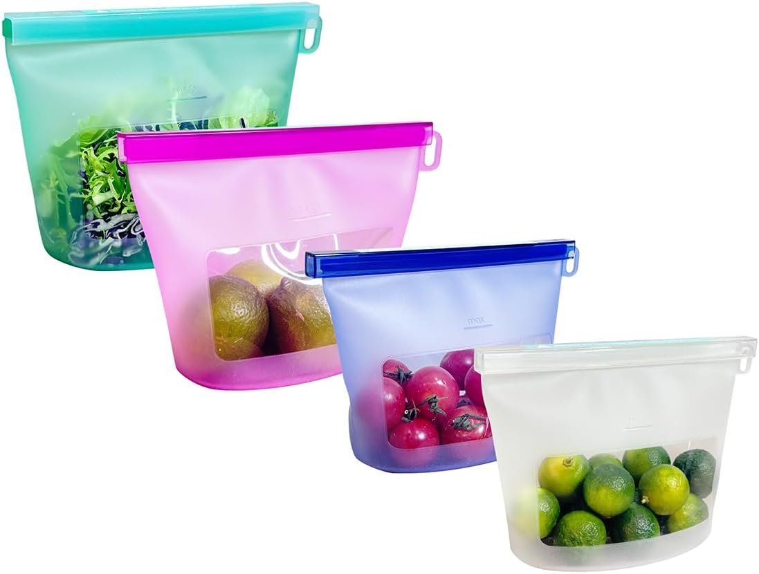Reusable Platinum Silicone Food Storage Bags, 4 Pack, Mixed
