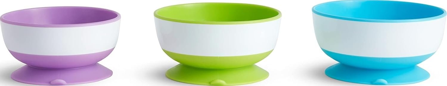 Munchkin Stay Put Suction Bowls for Baby and Toddler, 3 Pack, Blue/Green/Purple