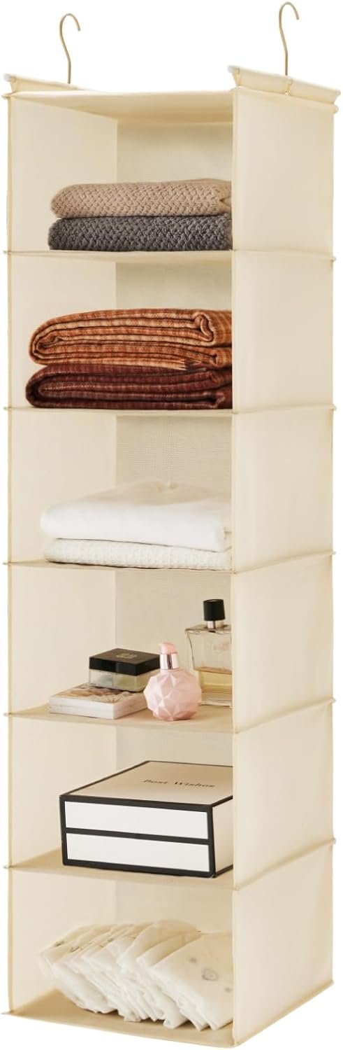 MAX Houser 6 Tier Shelf Hanging Closet Organizer with 2 Hooks, Beige