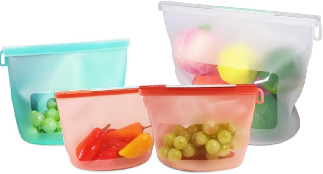 Reusable Silicone Food Storage Bags 4Pack with 2 Sandwich, 1 Lunch, and 1 Half-Gallon Bags, Multiuse Pouches Stand Up Zip Container for Soup and Leftovers, Microwave, Dishwasher, Oven and Freezer Safe