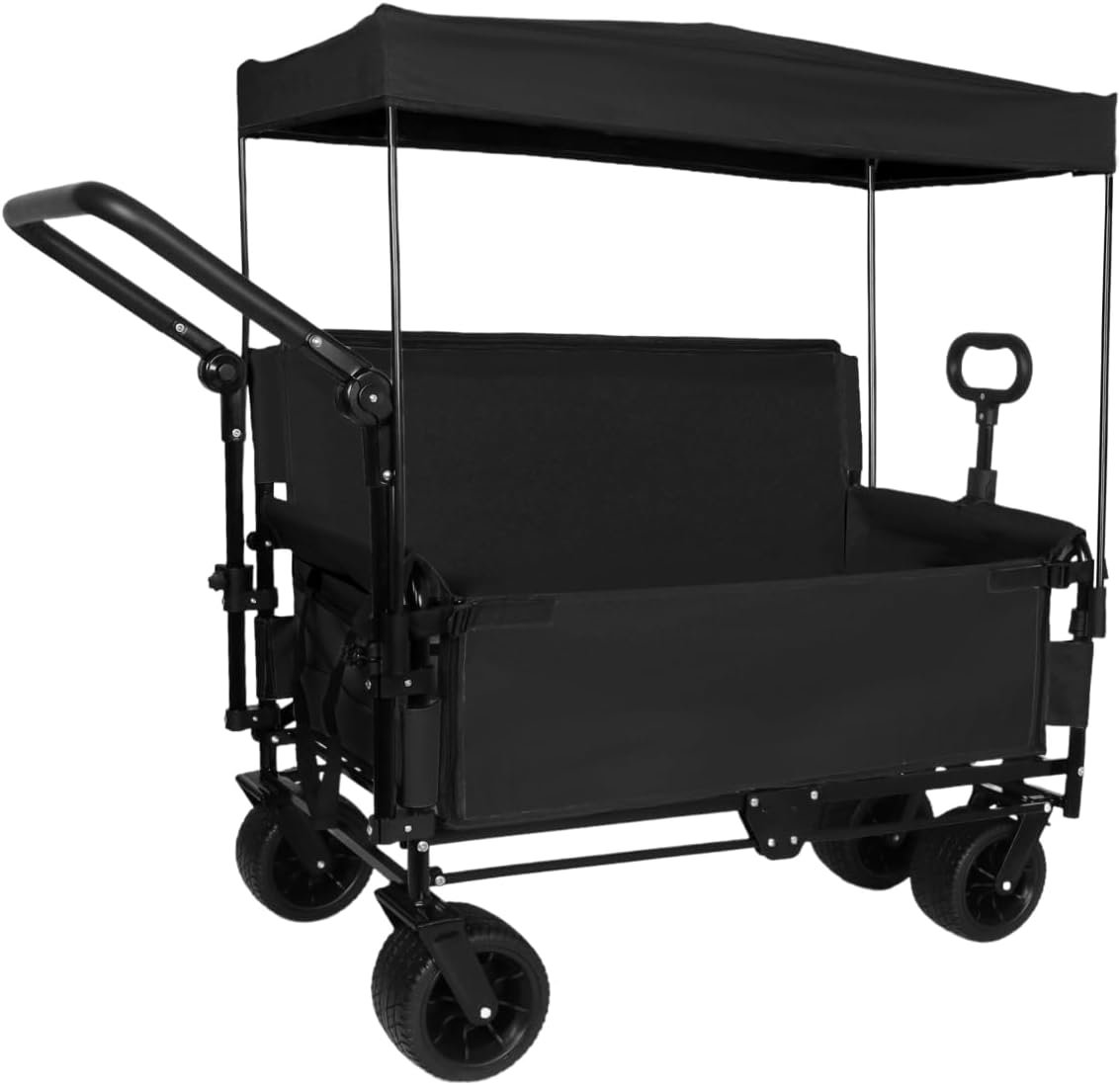 3-in-1 Folding Wagon Cart with Bench Seat & Canopy & Storage, 500lbs Heavy-Duty, 180L Capacity, All-Terrain Wagon for Camping, Beach, Sports, & Garden, Black