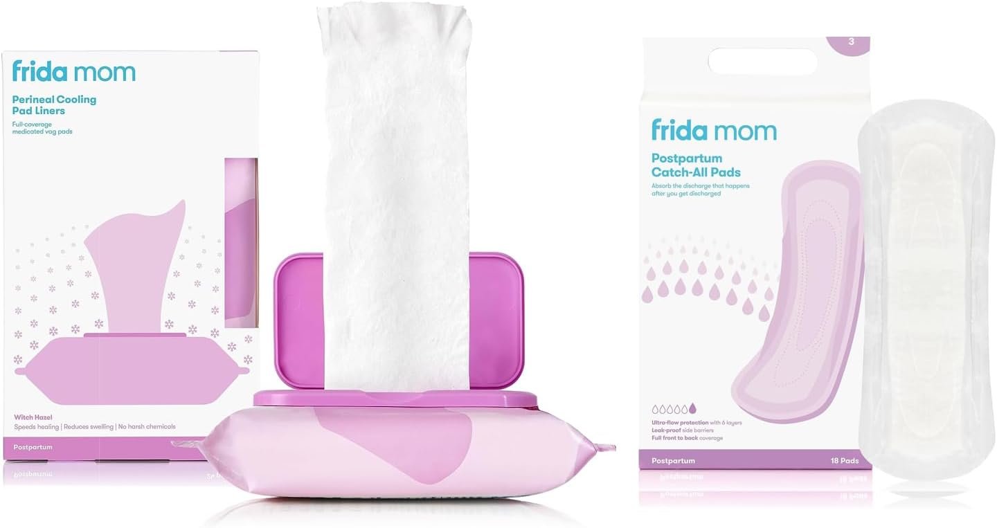 Frida Mom Witch Hazel Cooling Pad Liners (24ct) + Frida Mom Postpartum Pads, Leak Proof Maxi Pads (18ct)| Postpartum Essentials