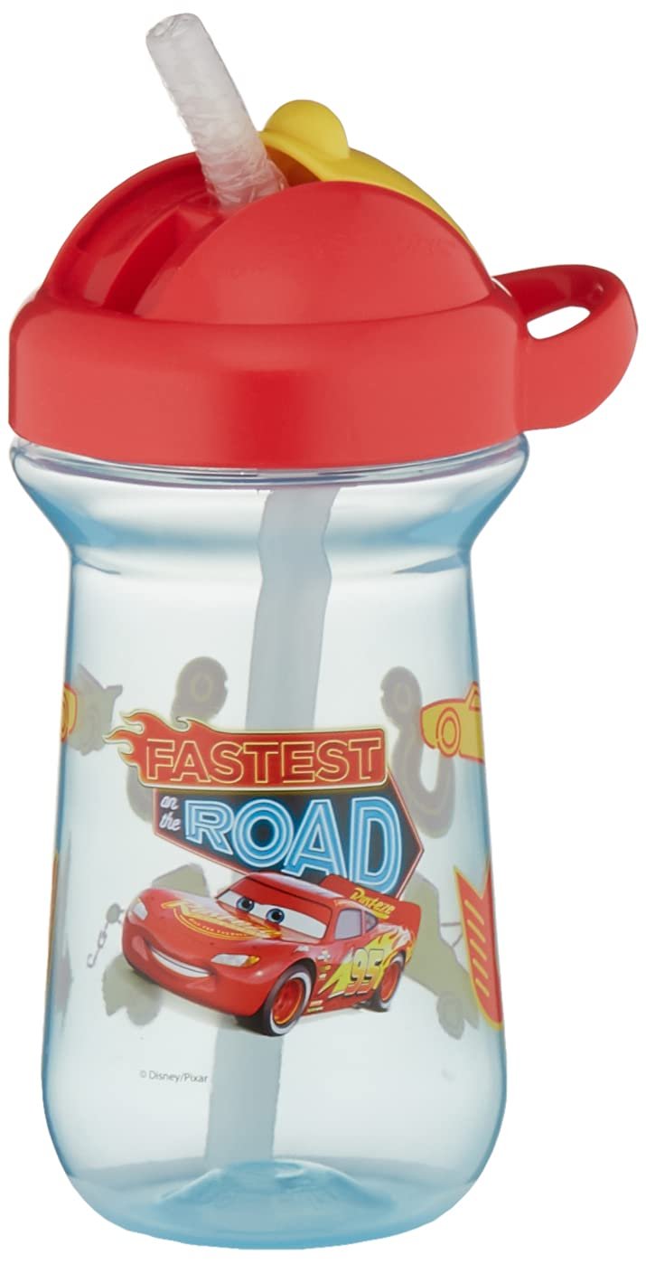 The First Years Disney/Pixar Cars Toddler Straw Cup – Spill Proof Flip Top Toddler Sippy Cups – 18 Months and Up – 10 Oz