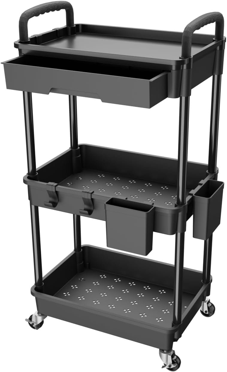 3 Tier Rolling Utility Cart with Drawer,REBECAT Utility Cart Made of Multifunctional Storage Organizer Tool for Kitchen,Bathroom,Living Room,Office(Black)