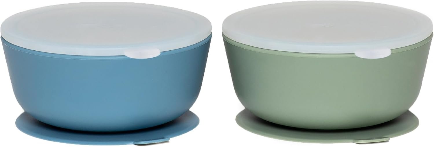WeeSprout Suction Bowls for Baby & Toddlers (Set of 2) – 100% Silicone w/Plastic Lid – Leak Proof Feeding Supplies – Dishwasher & Microwave Safe Infant Dinnerware w/Extra Strong Base