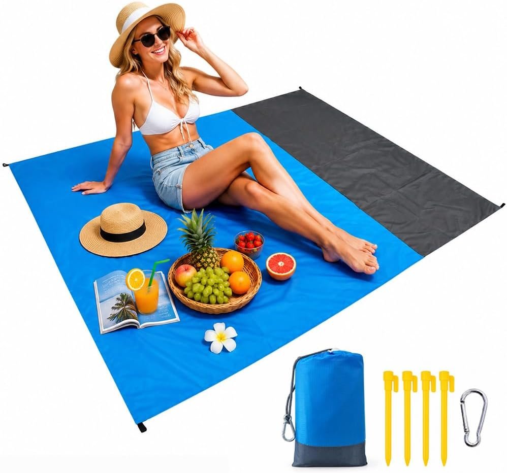 Oversized Beach Blanket 78×83 Inches,Waterproof Sandproof Outdoor Mat,Large Size for 2-8 People, Lightweight Durable Camping Blanket with Carry Bag,Ground Stakes &Carabiner for Travel Activities