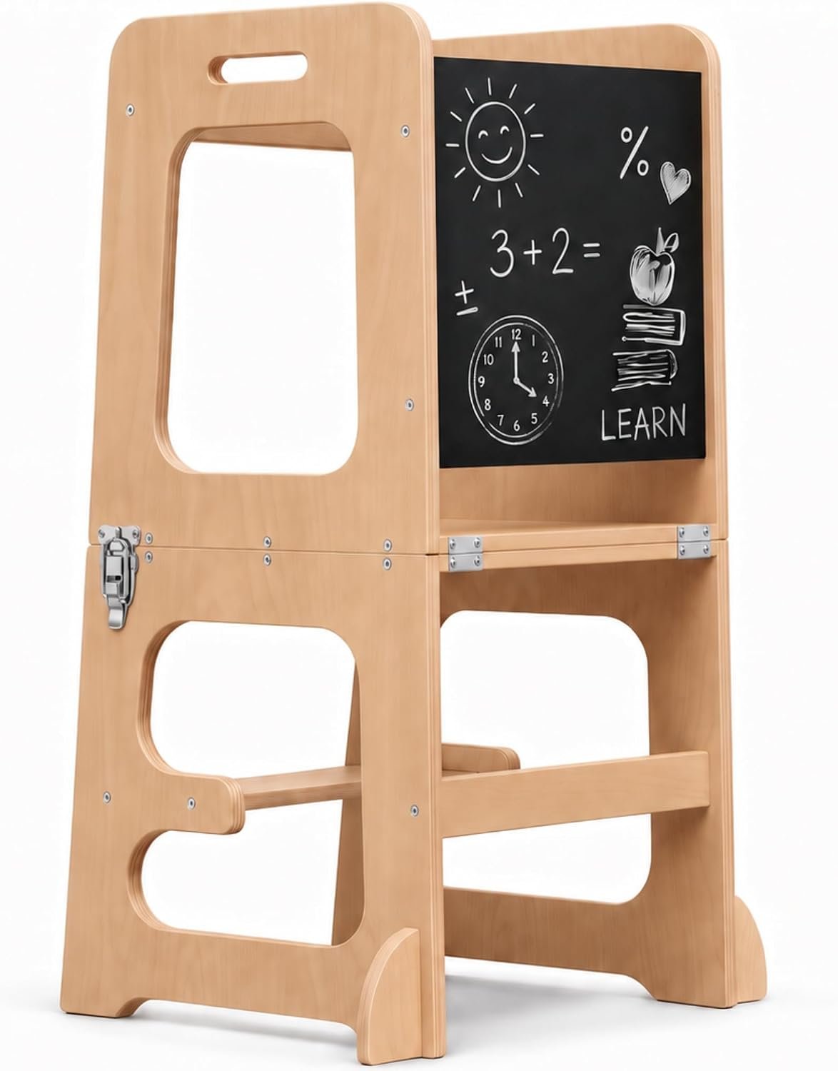 Avenlur Date 4-in-1 Foldable Tower – Toddler Step Stool with Chalkboard, Desk and Chair – Montessori and Waldorf Style Stool for Ages 18 Months to 6 Years