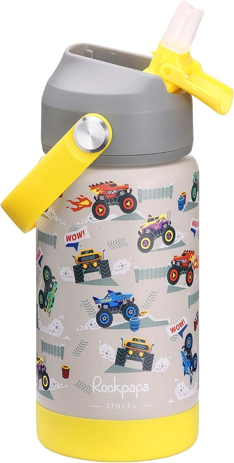 rockpapa 14oz Kids Stainless Steel Water Bottle with Straws, Trucks