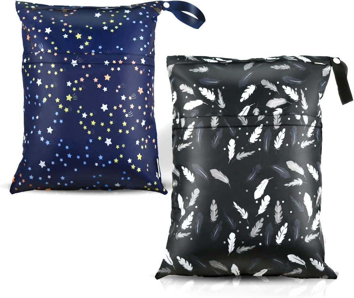 2 Pcs Waterproof Reusable Wet Dry Bag for Diaper Baby Cloth Gym Clothes Washable Travel Bags for Beach Pool Swimsuits Pockets with Two Zippered Dirty Diapers Stroller Yoga Toiletries Daycare Organizer