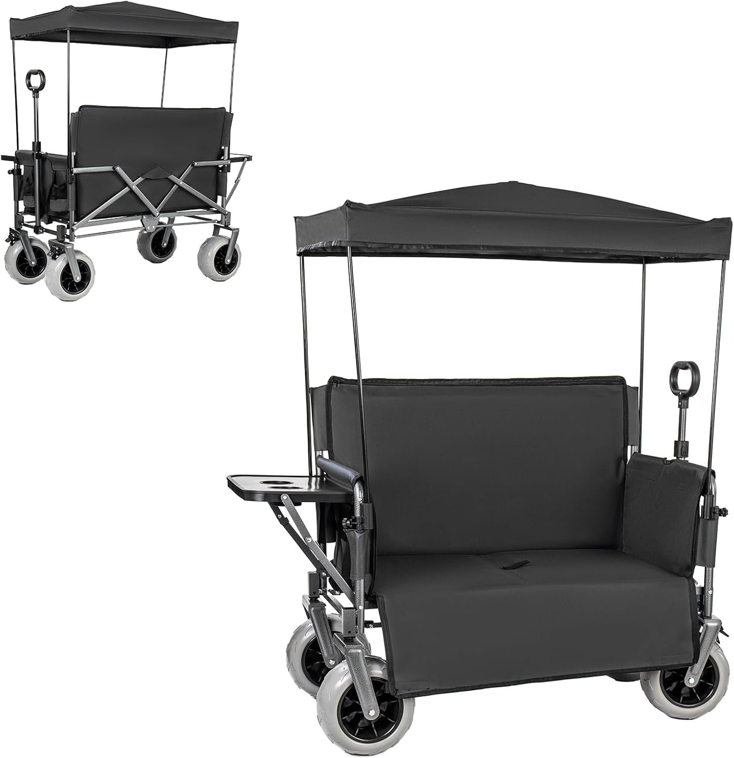 3-in-1 Collapsible Wagon with Canopy, Wagon Bench Seat for Adults, Push Pull Folding Wagon Cart with Table, Heavy Duty 500lbs 180L Outdoor Wagon for Beach Camping Garden