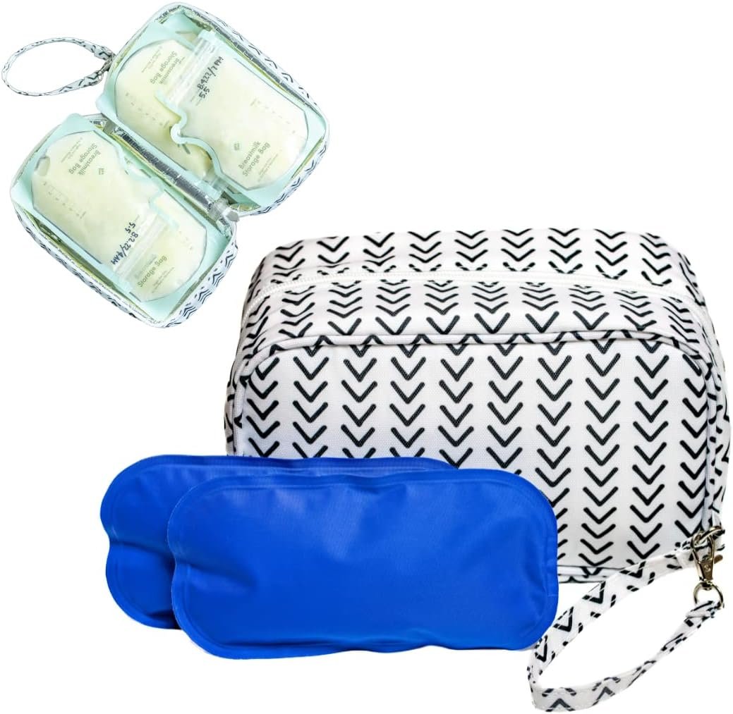Breast Milk Cooler Bag with 2 Ice Packs, Insulated Breastmilk Storage Bag for 6–8 Milk Storage Bags or 2 9 oz Bottles, Portable Cooler for Travel & On-the-Go, Detachable Wrist Strap