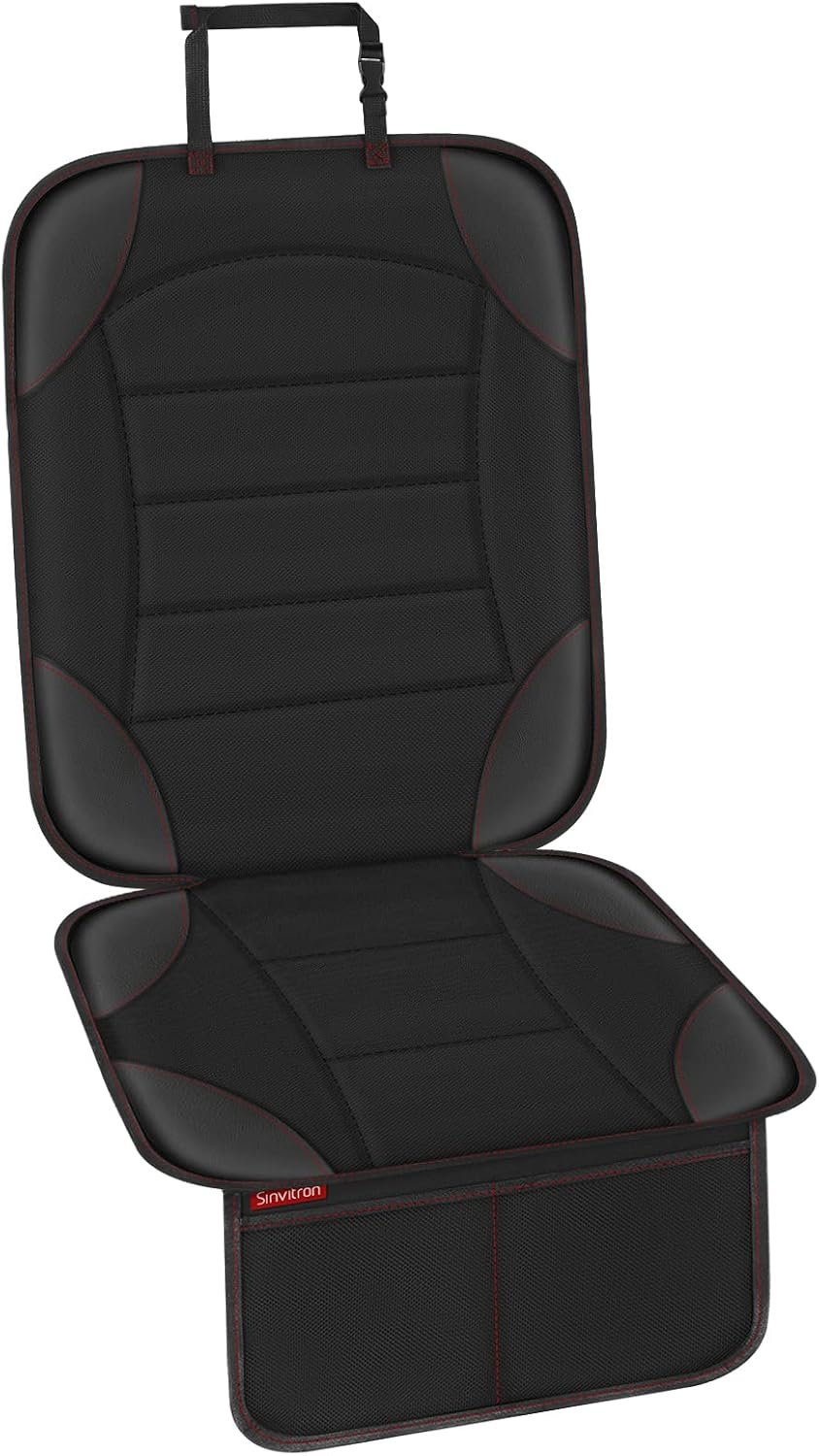 Sinvitron Car Seat Protector for Child Car Seat – Waterproof Non-Slip Leather Mat with 2 Mesh Pockets, Universal Seat Cover for Baby, Pets & Vehicles (1-Pack, Black)