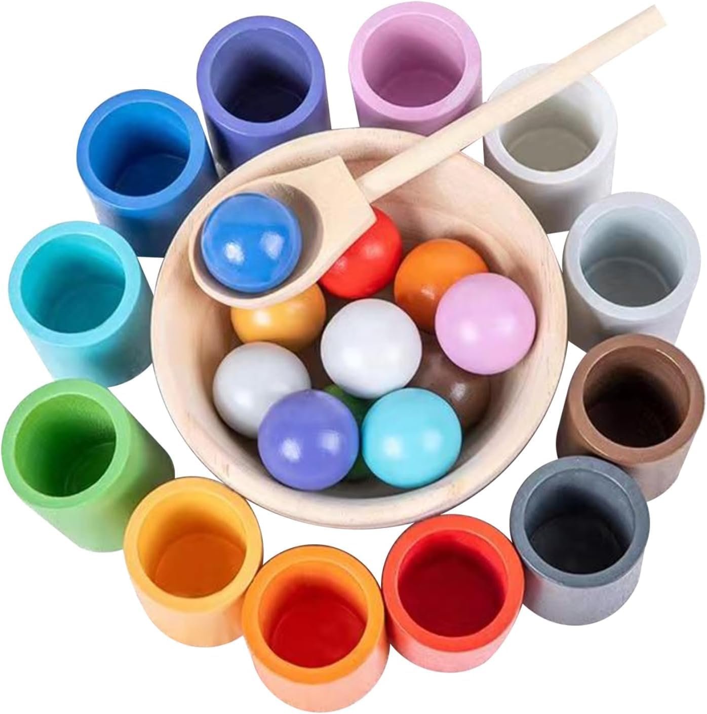 WOODENFUN Rainbow Balls in Cups Toddler Montessori Toys for 3 Year Old Up