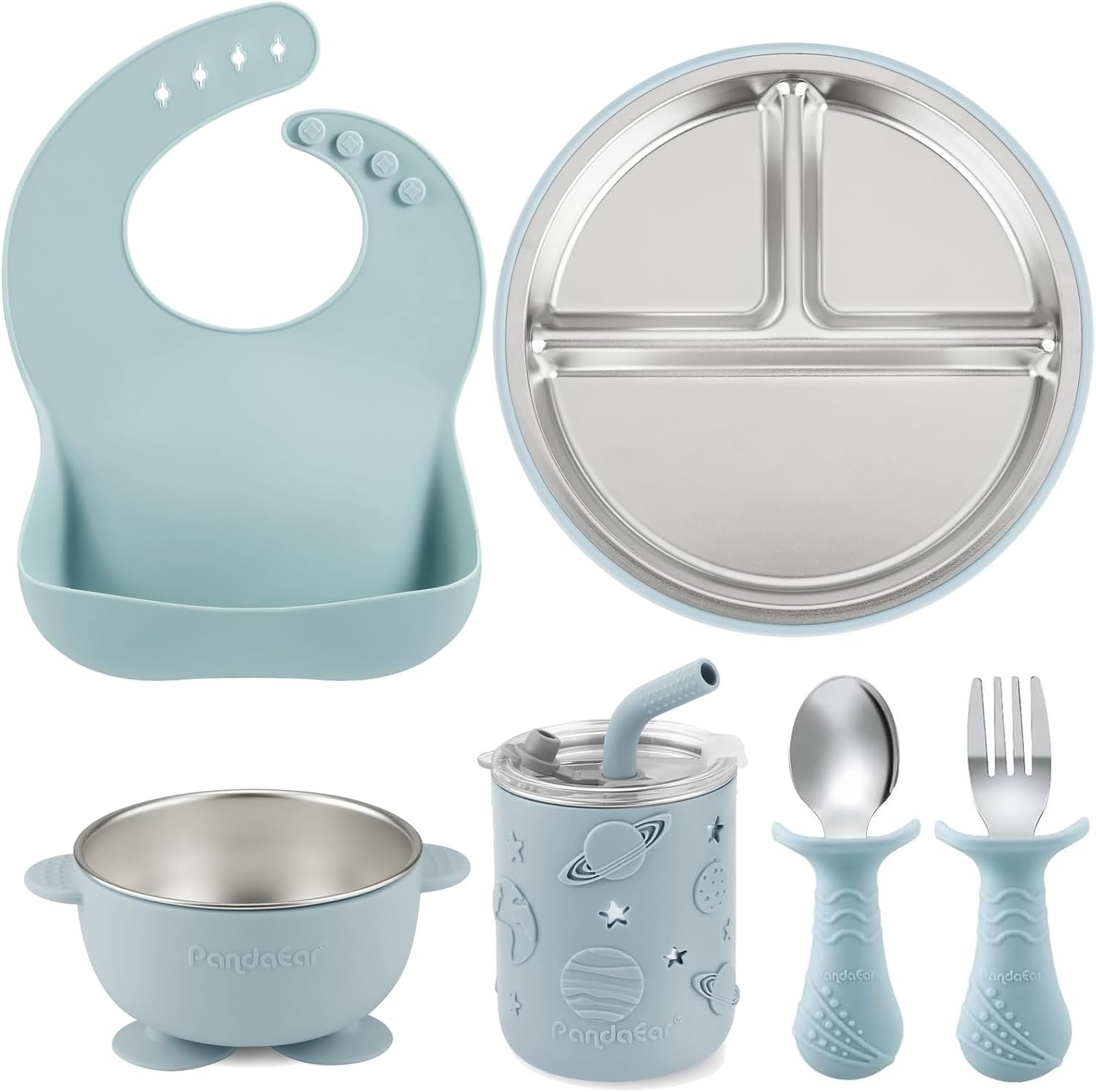PandaEar 6-in-1 Stainless Steel Baby Feeding Set | Divided Suction Plate, Bowl, Sippy Cup with Straw, Bib, Spoon & Fork | BPA-Free Toddler Feeding Essentials for Self-Feeding (Blue)
