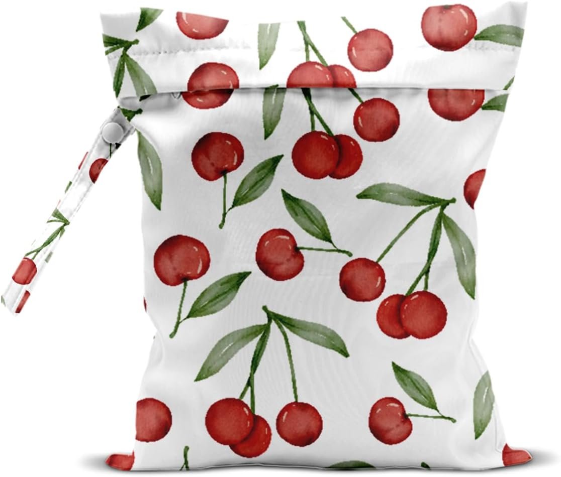 Wet Bag, Wet Dry Bag, Waterproof Swim Bags, Machine Washable Reusable Bags for Beach, Pool, Diapers, and Dirty Yoga Gym Clothes(Watercolor Red Cherry & Leaf Pattern