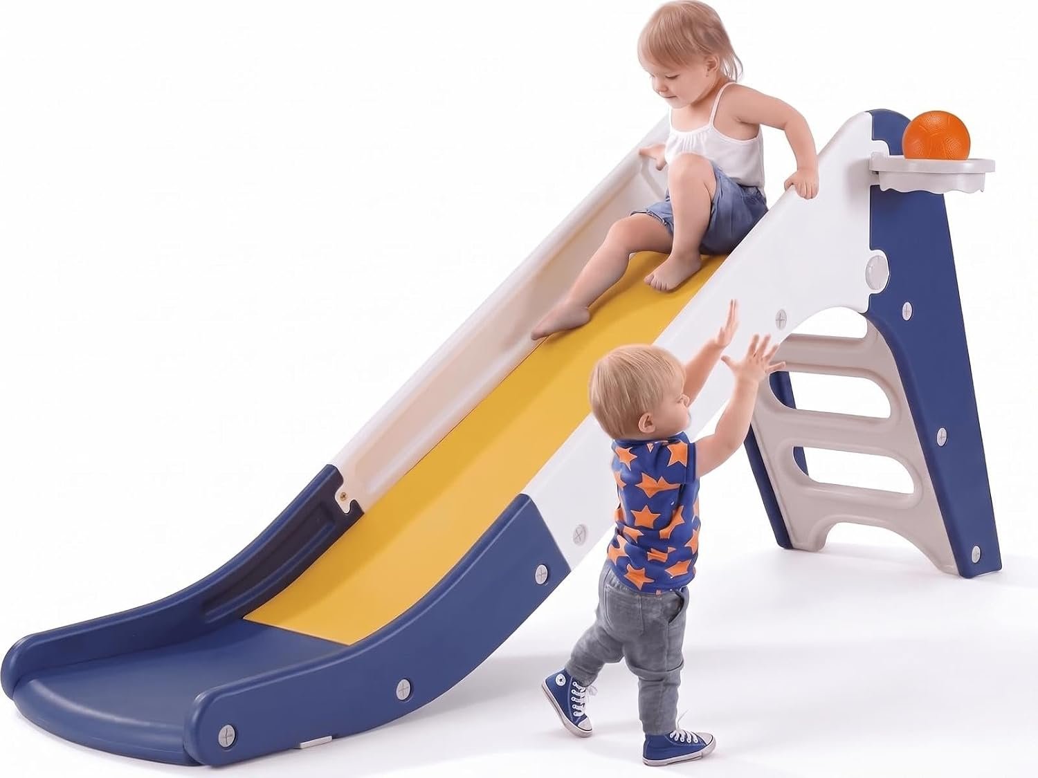 Toddler Indoor Slide, Foldable Baby Climber Playset with Basketball & Hoop