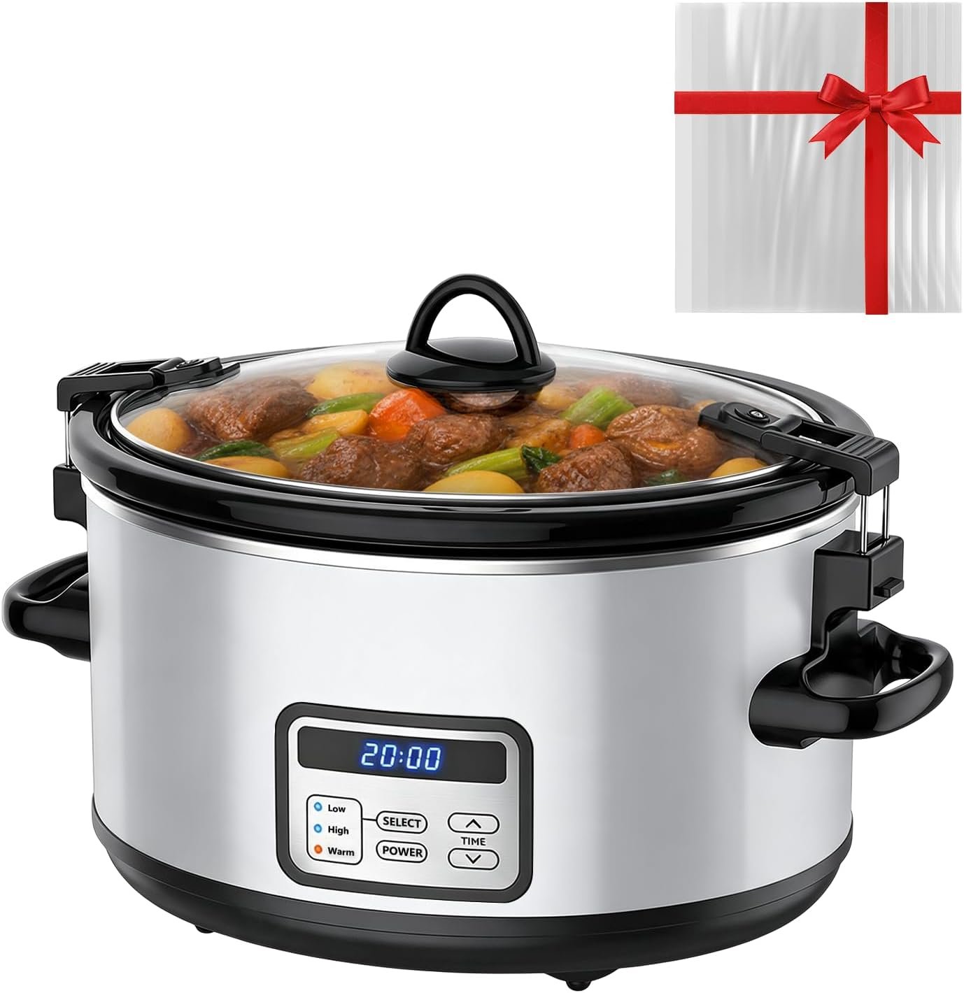 6 Quart Programmable Slow Cooker with Lid Clip, Adjustable Timer