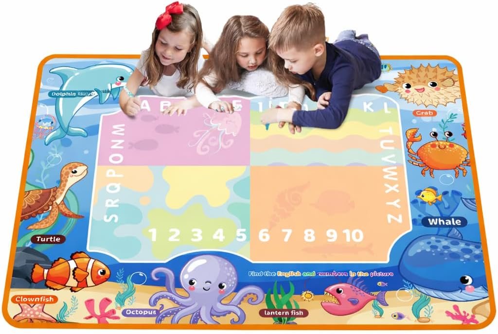 Water Doodle Mat for Kids – Mess Free Reusable Drawing & Writing Board, Neon Aqua Magic Coloring Mat, Educational Preschool Learning Toy for Toddlers Boys & Girls (Ocean)
