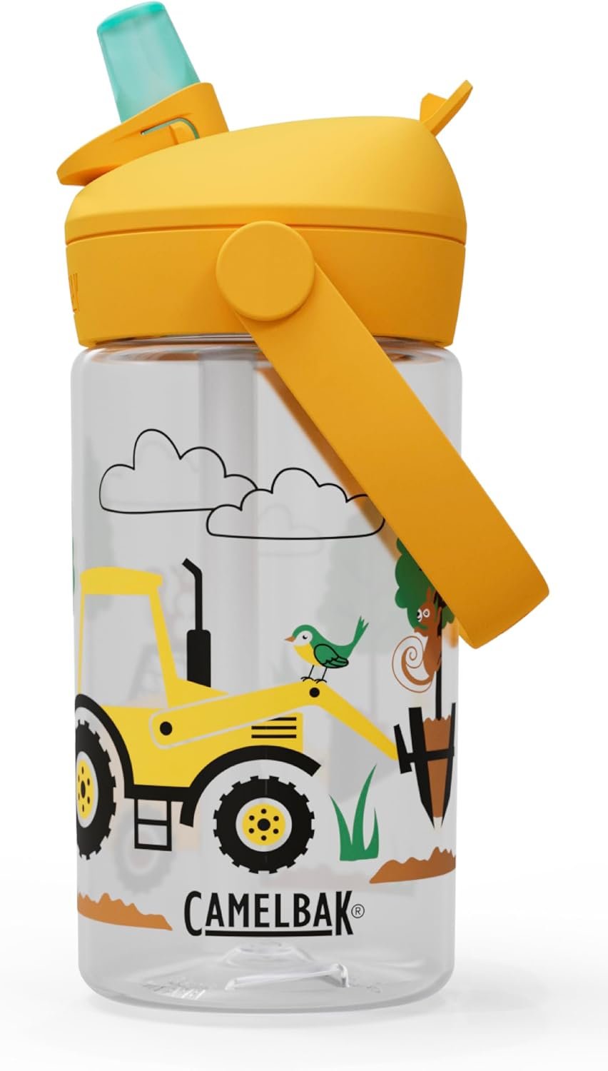 CamelBak Thrive Flip Straw Kids Water Bottle with Bite Valve, Tritan Renew Design for School and Travel, 14oz, Tractors and Trees