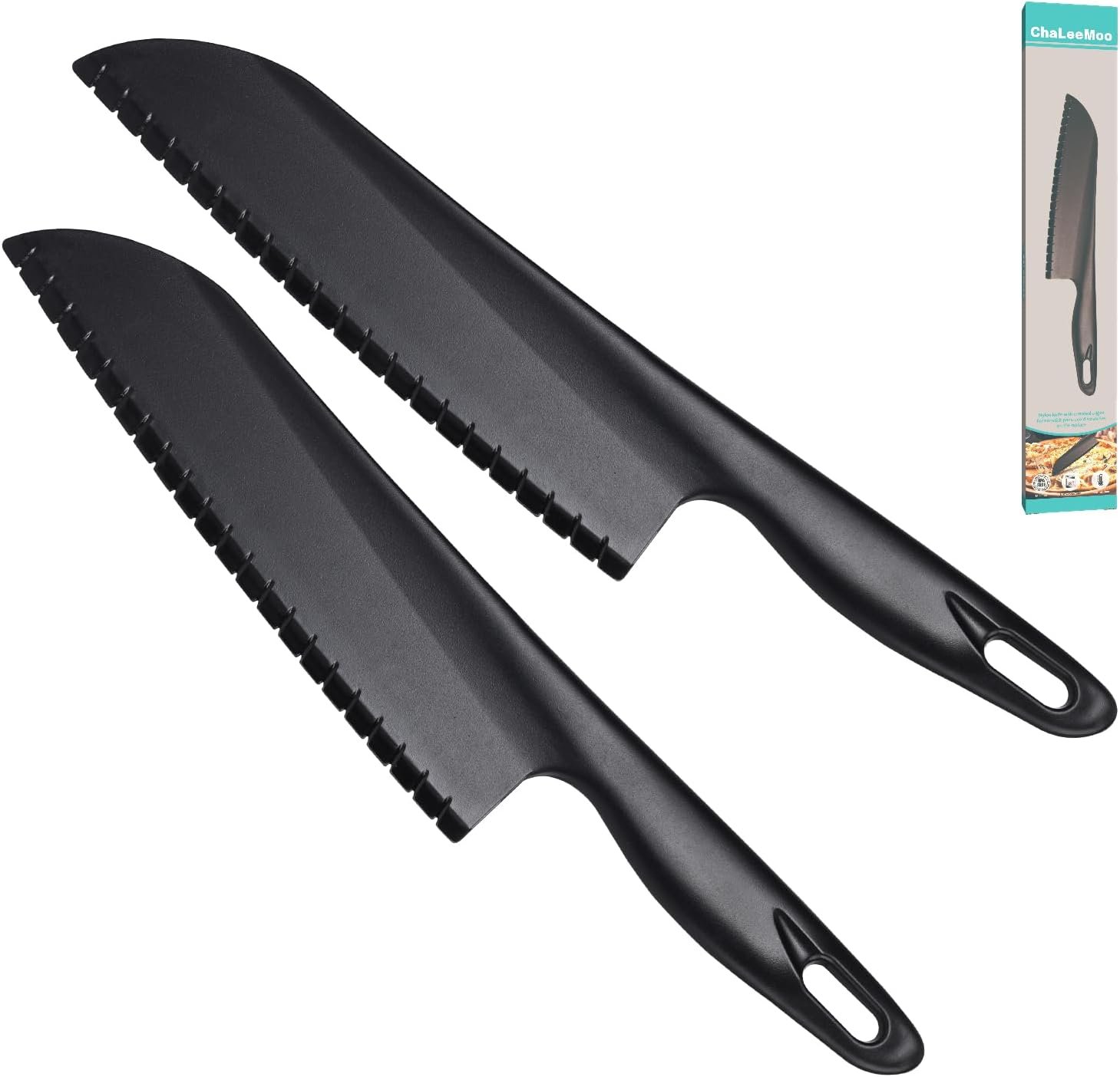 11” Nylon Knife for Nonstick Bakeware with Serrated Edges, Large Plastic Kitchen Knife to Cut Lettuce Salad Cake Brownie or Veggies Fruits, Nonmetal Knife for Teflon Cookware, Black 2 Pack