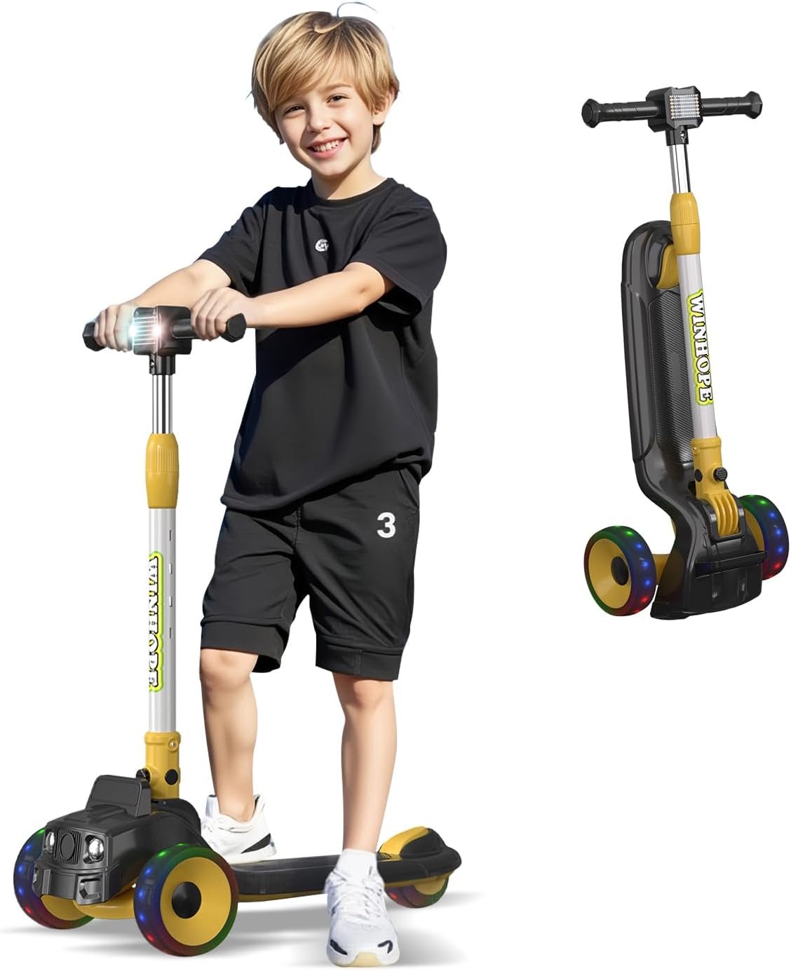 Foldable Car-Themed 3 Wheel Kids Scooter, Light-Up, Ages 3-8 (Black)