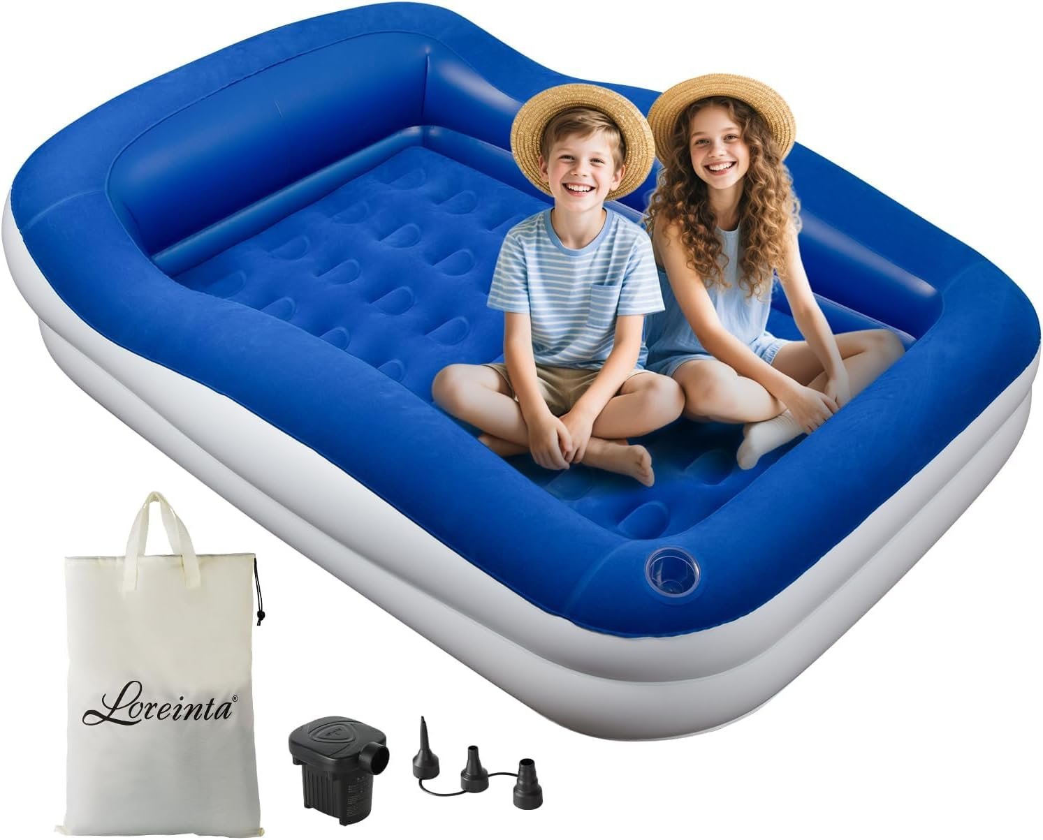 Inflatable Toddler Travel Bed– Portable Floor Bed with Safety Bumpers, Blow Up Mattress for Camping, Home & Sleepovers – Includes Pump & Carry Bag, for Kids 1-4