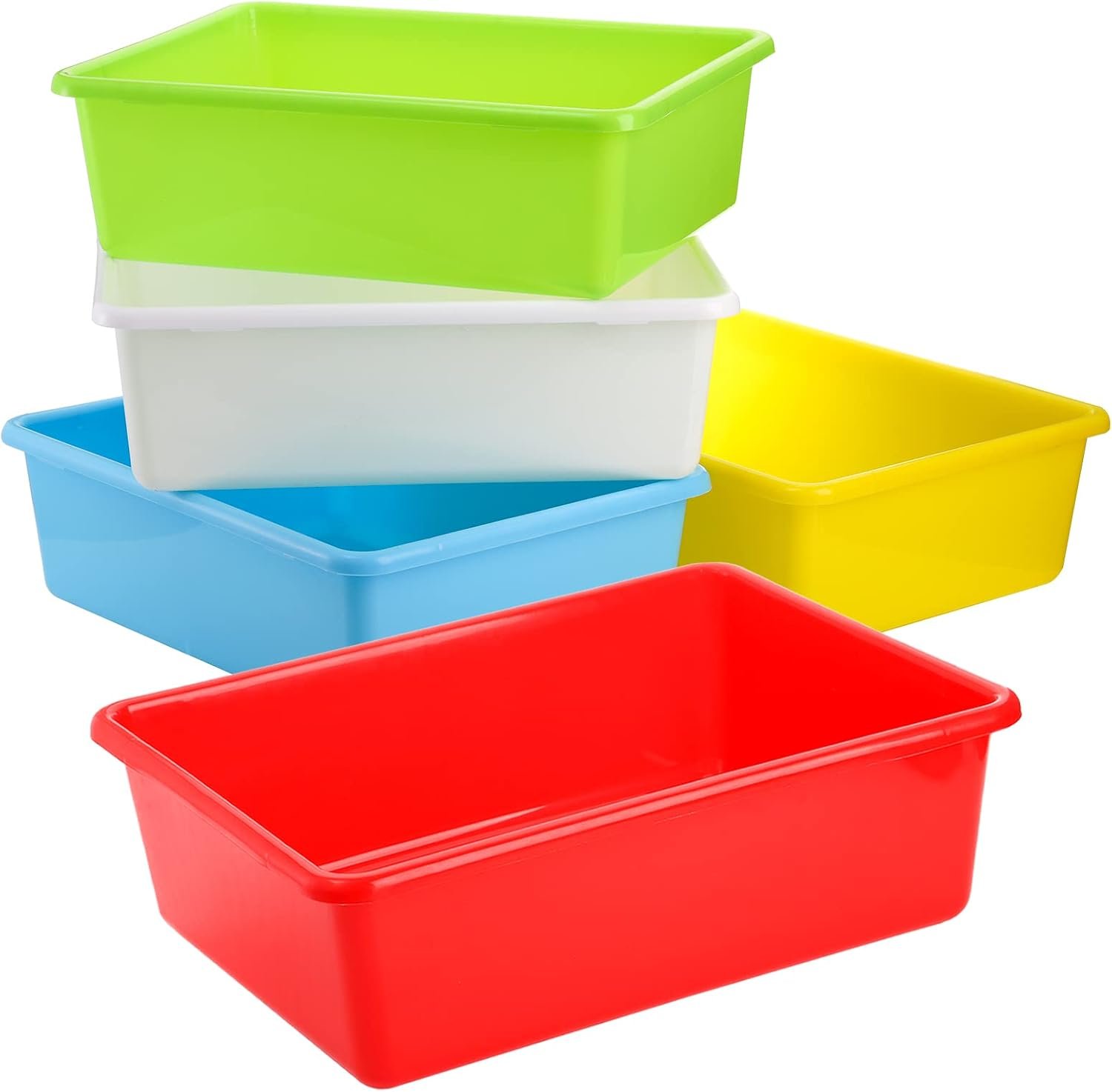 WUWEOT 5 Pack Large Storage Bins, 15″ x 11.5″ Plastic Stackable Classroom Organizer, Multipurpose Toy Basket for Classroom, Nursery, Playrooms and Home Organization