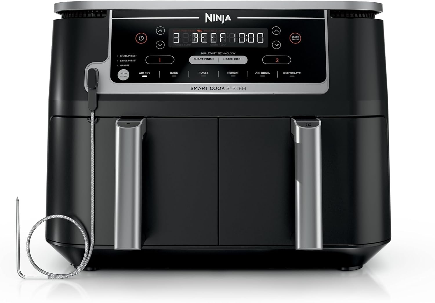 Ninja DZ550 Foodi 10 Quart 6-in-1 DualZone Smart XL Air Fryer, 2 Independent Baskets, Cook Thermometer, Match and Finish to Roast, Dehydrate, Black