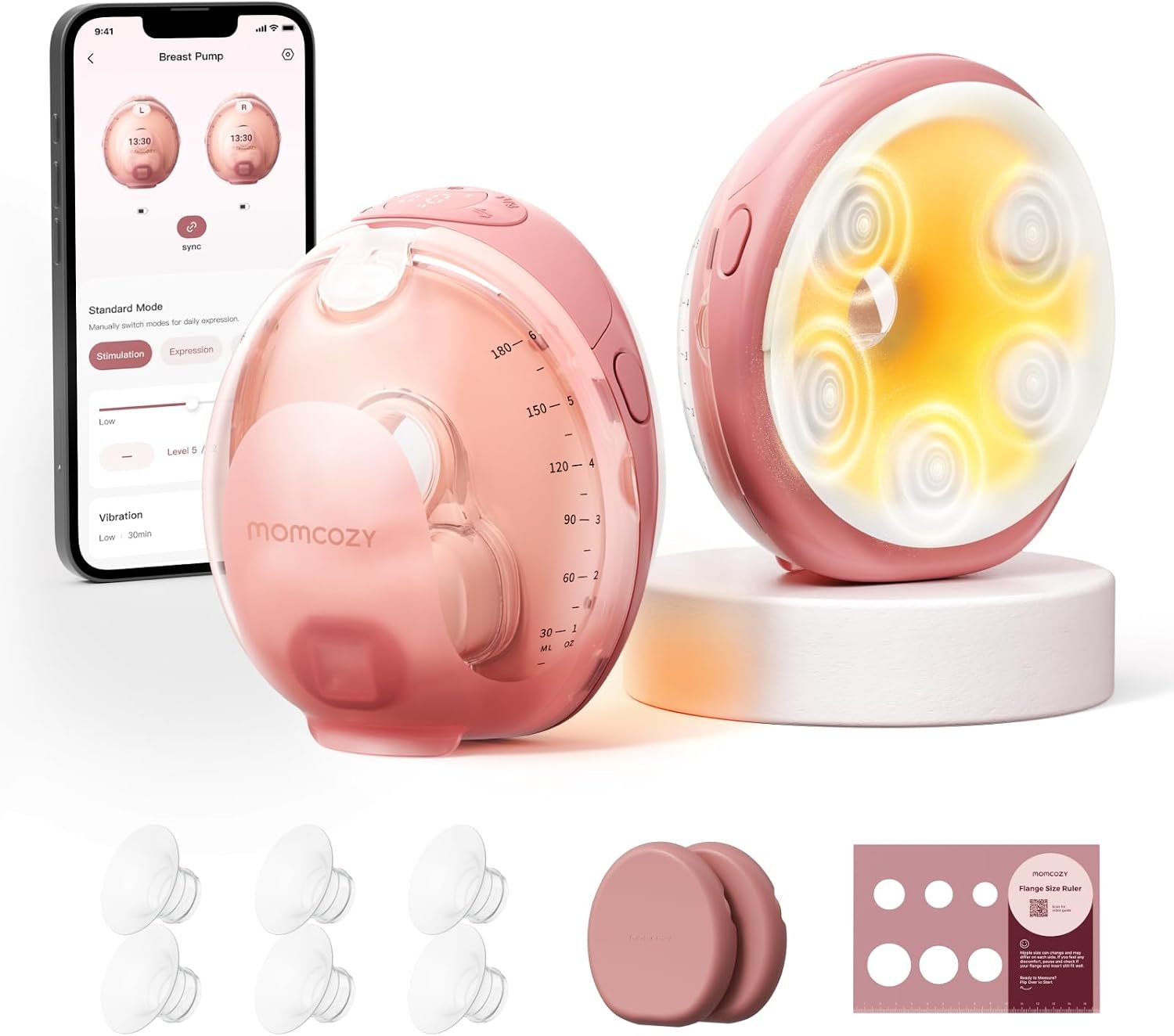 Momcozy Wellness 1 Wearable Breast Pump, Warm-Massage Hands-Free Pump with Heated Flange&Simulated Massage for Comfortable Breastfeeding&Let-Down, App-Controlled, 4 Modes 12 Levels, 180ml/6oz