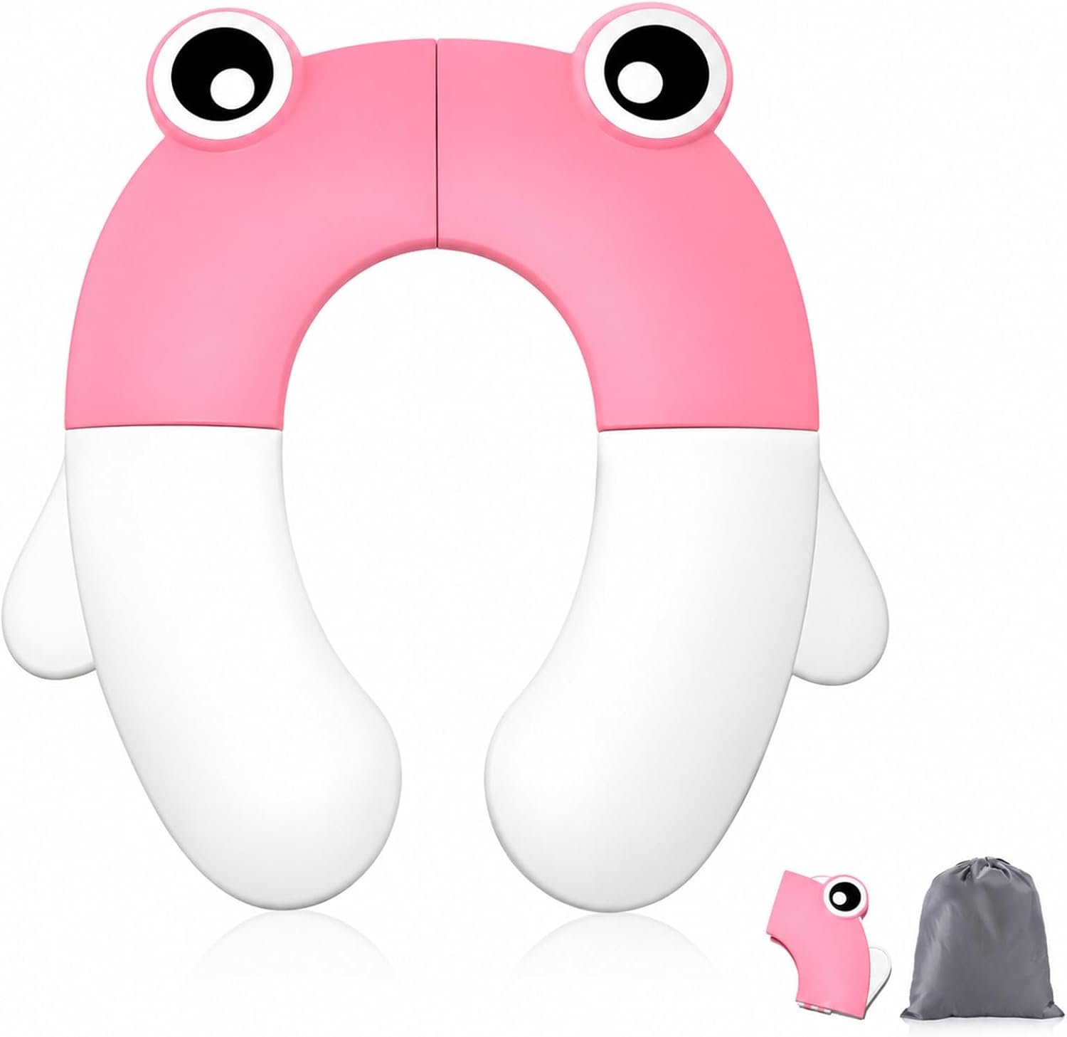 Foldable Potty Training Seat for Toddlers Boys Girls, Portable Travel Toilet Seat Ring with Drawstring Bag, Non-Slip Gray Frog Potty Training Toilet Seat for Round & Oval Toilets (Pink)
